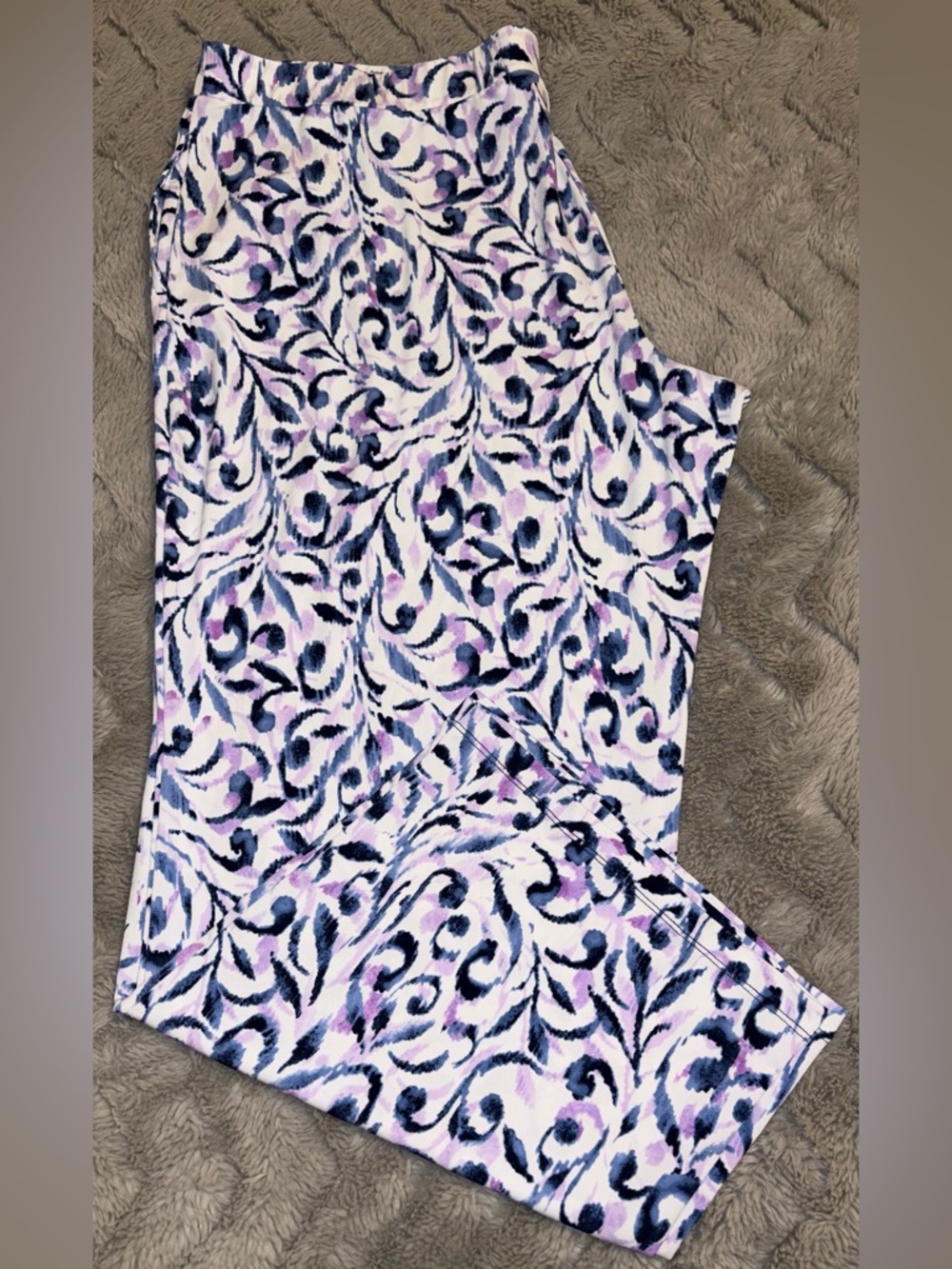 Susan Graver navy/lilac scroll swirl printed liquid knit straight leg pants XLP